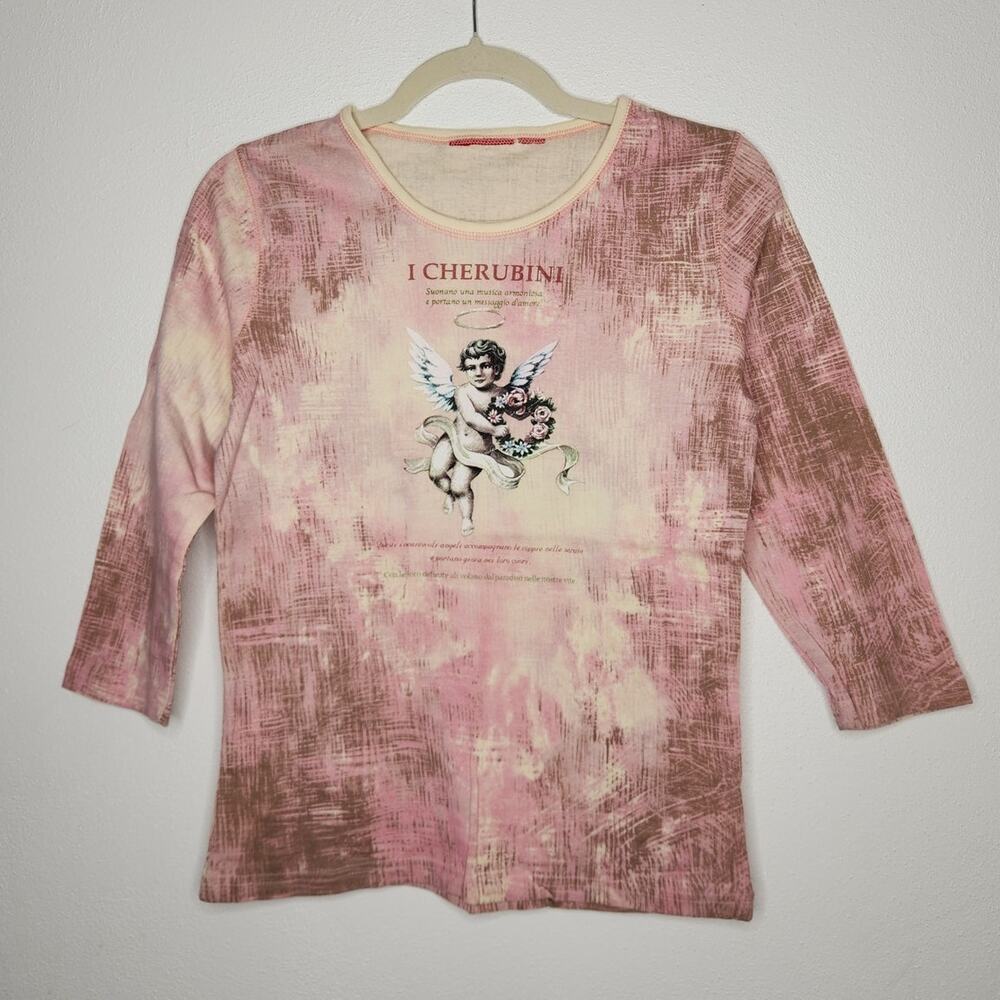 Vintage Cherub Tie Dye All Over AOP 3/4 Sleeve Fairy Whimsy Shirt Womens 90s